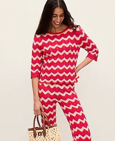 Ann Taylor Petite Striped Crochet Sweater In Red