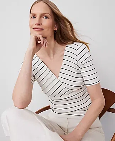 Ann Taylor Petite Striped Crossover Neck Top In Winter White-black