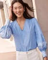 Ann Taylor Petite Striped Embroidered V-neck Popover Top