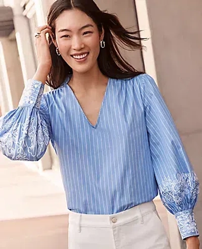Ann Taylor Petite Striped Embroidered V-neck Popover Top In Multi