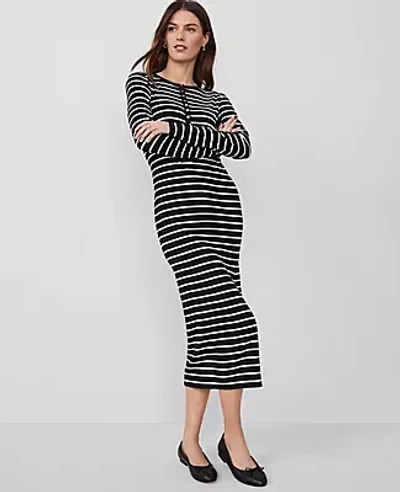 Ann Taylor Petite Striped Henley Knit Column Dress In Black