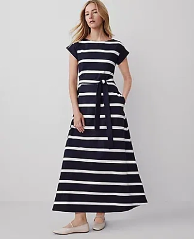 Ann Taylor Petite Striped Knit Boatneck Midi Dress In Night Sky