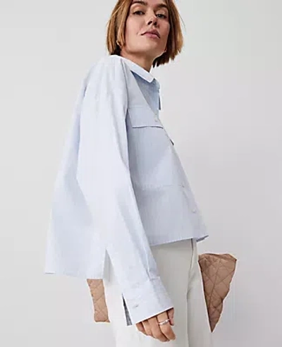 Ann Taylor Petite Striped Oversized Cropped Pocket Shirt In Blue Quartz