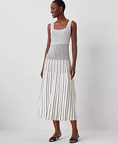 Ann Taylor Petite Striped Pleated Sweater Tank Dress In White/black Multi
