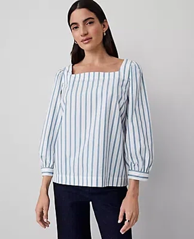 Ann Taylor Petite Striped Puff Sleeve Blouse In Gulf Blue