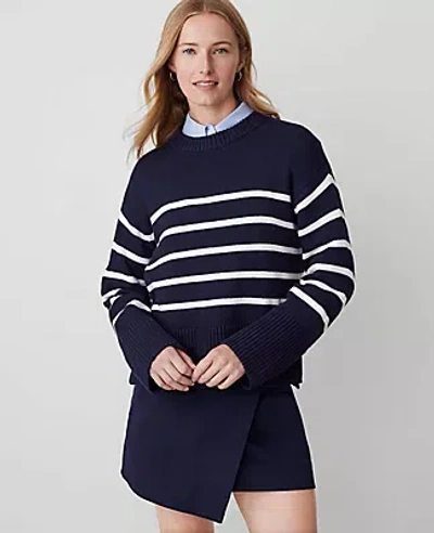 Ann Taylor Petite Striped Relaxed Sweater In Navy/white