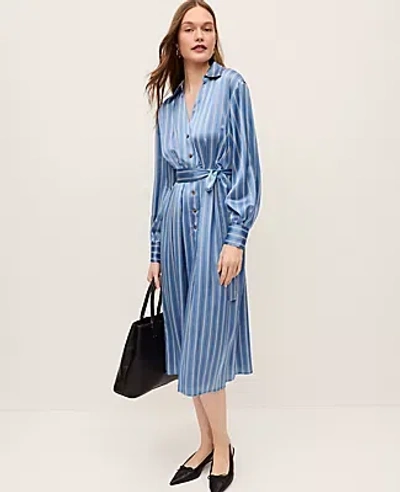 Ann Taylor Petite Striped Satin Midi Shirtdress In Blue