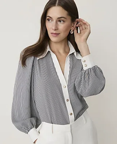 Ann Taylor Petite Striped Split Neck Blouse In Black