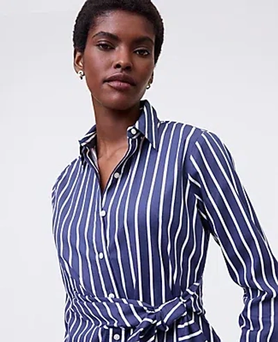Ann Taylor Petite Striped Tie Waist Button Down Shirt In Blue