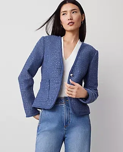 Ann Taylor Petite Striped Tweed Fitted Jacket In Soft Indigo