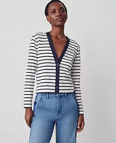 Ann Taylor Petite Striped V-neck Cardigan In Winter White