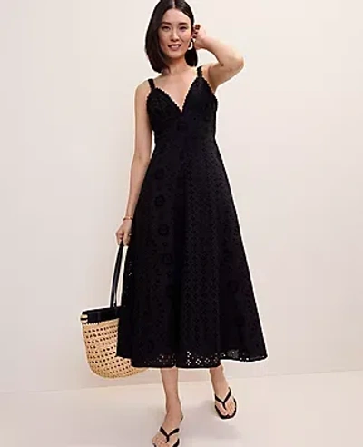 Ann Taylor Petite Studio Eyelet Flare Midi Dress In Black