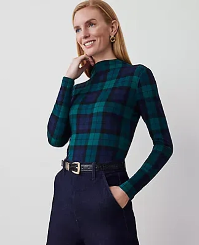 Ann Taylor Petite Tartan Long-sleeve Mock Neck Top In Rainforest