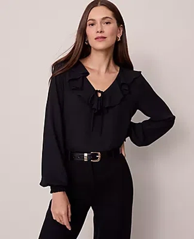 Ann Taylor Petite Tie Neck Ruffle Blouse In Black