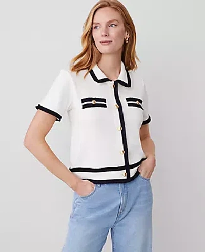 Ann Taylor Petite Tipped Fringe Button Top In Winter White