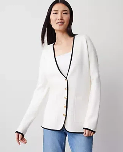 Ann Taylor Petite Tipped V-neck Sweater Blazer In Winter White