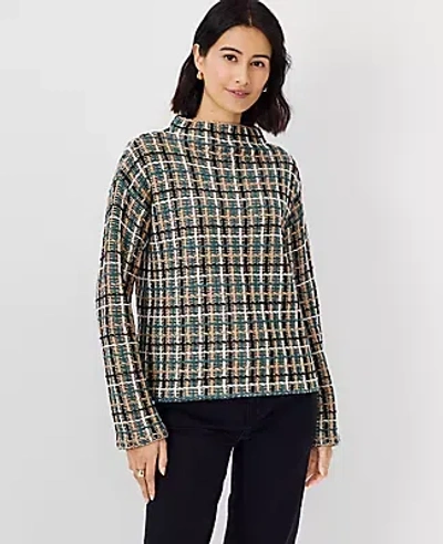 Ann Taylor Petite Tweedy Funnel Neck Sweater In Teal Multi