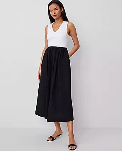Ann Taylor Petite V-neck Mixed Media Flare Dress In Black