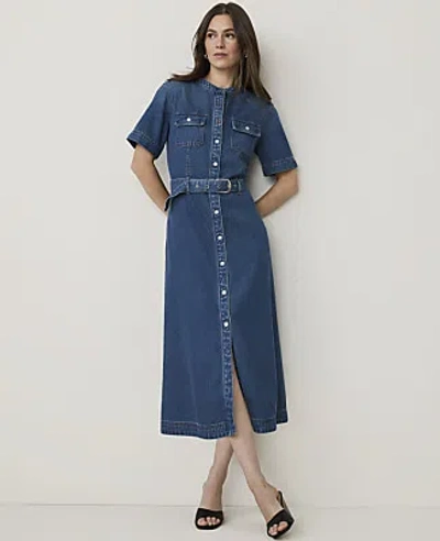 Ann Taylor Petite Weekend Belted Denim Shirtdress In Bright Medium Stone Wash