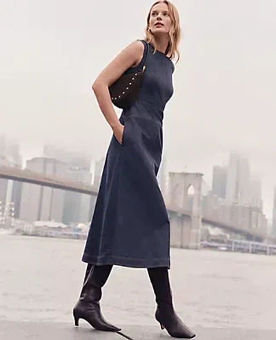 Ann Taylor Petite Weekend Collection Crew Neck Flare Midi Dress In Blue