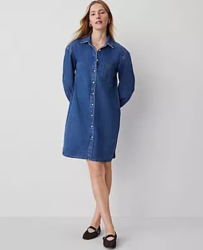 Ann Taylor Petite Weekend Collection Denim Oversized Shirtdress In Classic Mid Wash