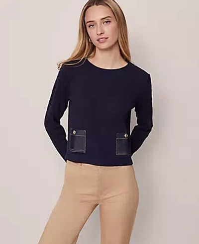 Ann Taylor Petite Weekend Collection Denim Patch Pocket Pullover In Blue