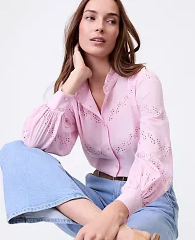 Ann Taylor Petite Weekend Collection Eyelet Ruffle Collar Shirt In Pink