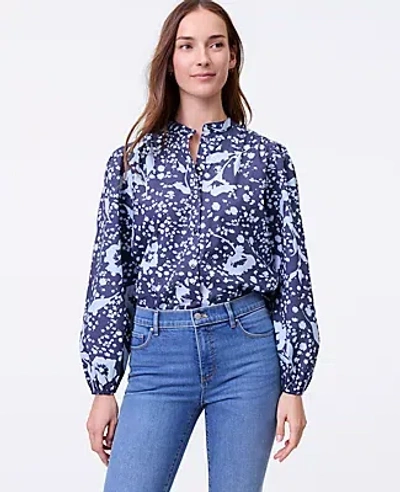 Ann Taylor Petite Weekend Collection Floral Stand Collar Blouse In Blue