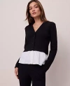 Ann Taylor Petite Weekend Collection Mixed Media Peplum Cardigan In Black