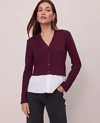 Ann Taylor Petite Weekend Collection Mixed Media Peplum Cardigan In Purple