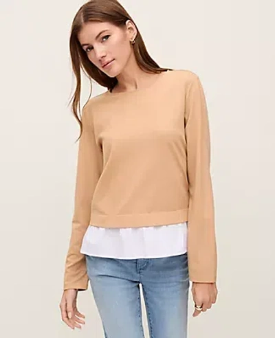 Ann Taylor Petite Weekend Collection Mixed Media Top In Brown