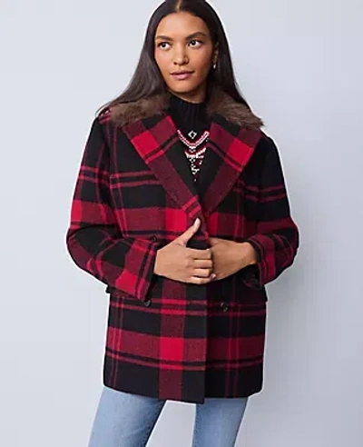 Ann Taylor Petite Weekend Collection Plaid Faux Fur Trimmed Peacoat In Black
