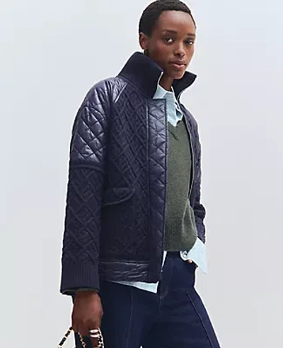 Ann Taylor Petite Weekend Collection Quilted Cable Sweater Jacket In Night Sky