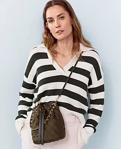 Ann Taylor Petite Weekend Collection Stripe Collared Sweater In Green/white Stripe