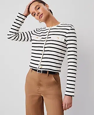 Ann Taylor Petite Weekend Collection Striped Knit Jacket In Winter White - Black