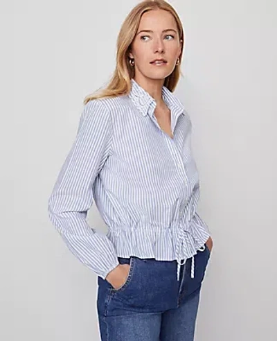 Ann Taylor Petite Weekend Collection Striped Tie Waist Popover Top In Blue