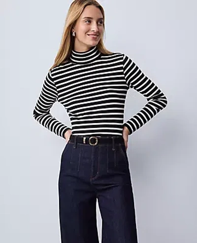 Ann Taylor Petite Weekend Collection Striped Turtleneck Top In Black