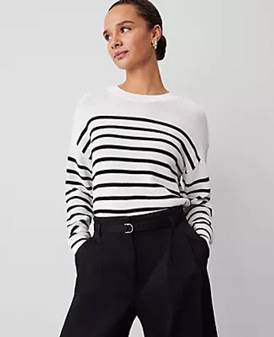 Ann Taylor Petite Weekend Collection Striped Wedge Sweater In White/black Multi