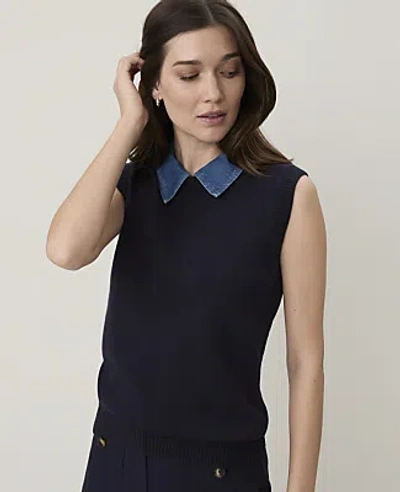 Ann Taylor Petite Weekend Denim Collar Sweater Vest In Night Sky