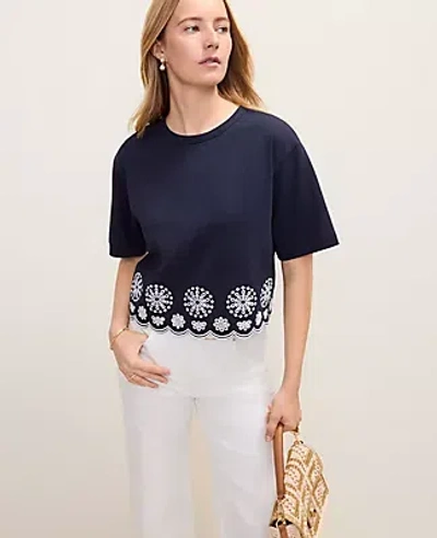 Ann Taylor Petite Weekend Embroidered Elbow Sleeve Tee In Blue