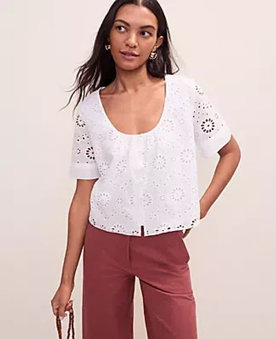Ann Taylor Petite Weekend Eyelet Scoop Neck Blouse In White