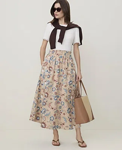 Ann Taylor Petite Weekend Floral Paperbag Midi Skirt In Cool Sesame