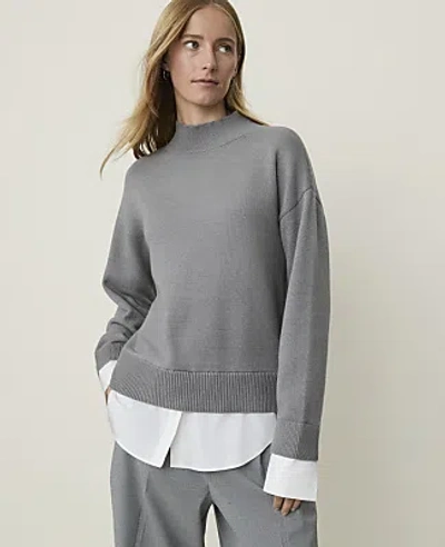 Ann Taylor Petite Weekend Layered Mix Media Sweater In Medium Heather Grey