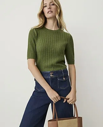 Ann Taylor Petite Weekend Pointelle Ruffle Trim Sweater In Pesto