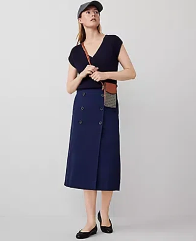 Ann Taylor Petite Weekend Sateen Button Wrap Skirt In Pure Sapphire