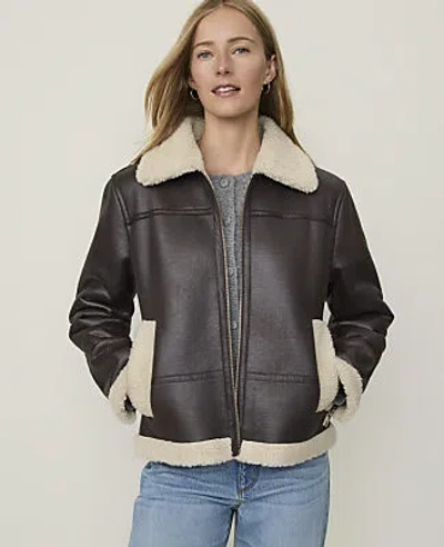 Ann Taylor Petite Weekend Shearling Trim Moto Jacket In Cream Brown Shearling