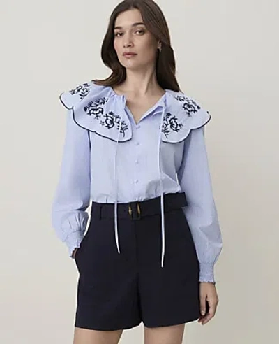 Ann Taylor Petite Weekend Striped Tie Neck Blouse In Ultramarine