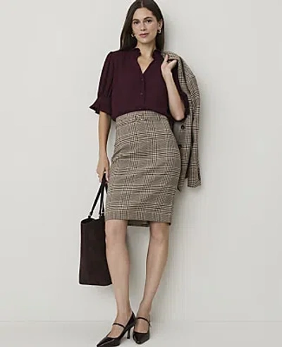 Ann Taylor Plaid Belted Midi Pencil Skirt In French Mocha