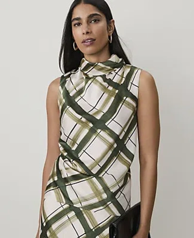 Ann Taylor Plaid Draped Cowl Neck Top In Olive Sprig