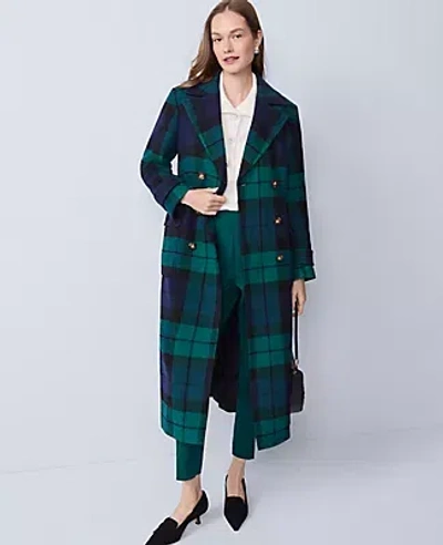 Ann Taylor Plaid Fitted Double Breasted Coat In Green